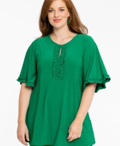Yoek Tuniek flare met ruches | Groen | Maat 38/40