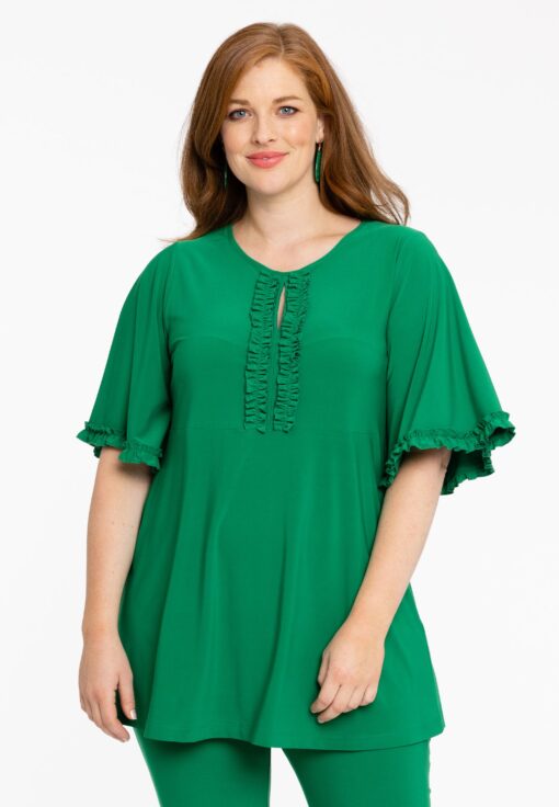Yoek Tuniek flare met ruches | Groen | Maat 38/40