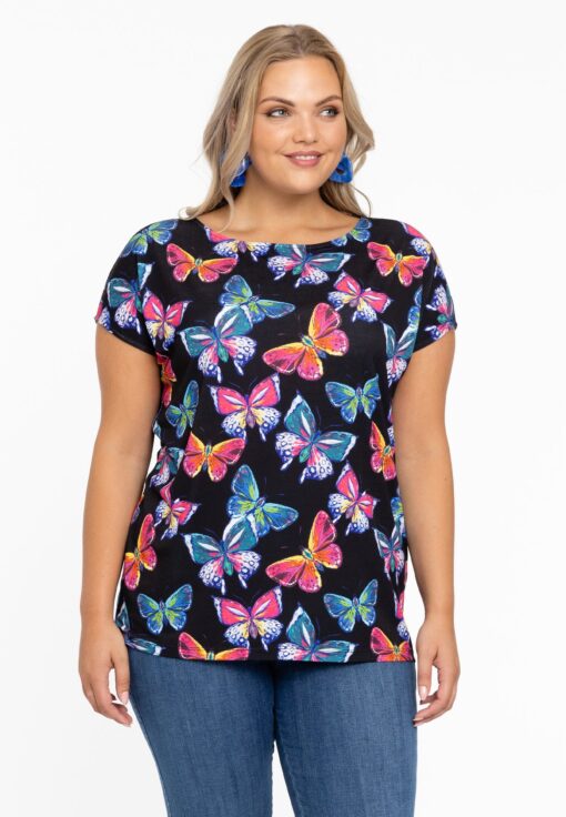 Yoek Wijd shirt BUTTERFLIES | Zwart | Maat 42/44