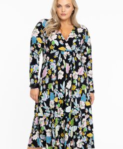 Yoek Dress V FLOWERPOWER | Zwart | Maat 46/48