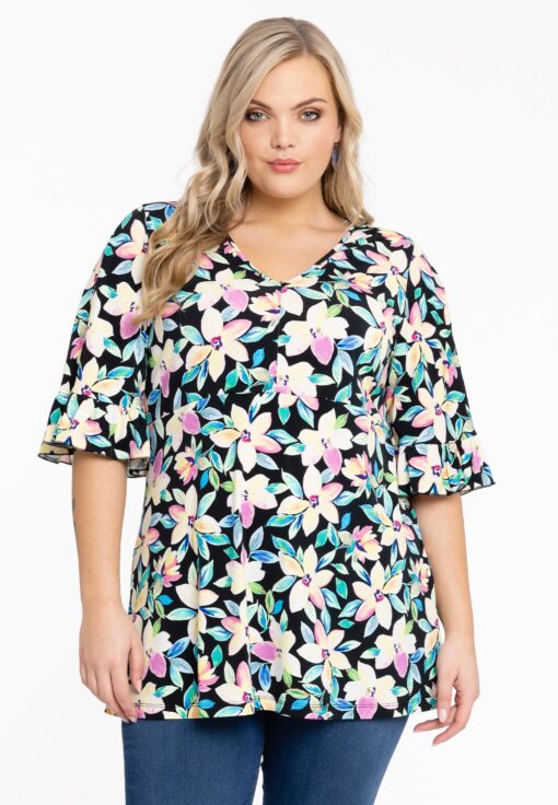Yoek Tunic flare ruffle sleeve OPAL | Zwart | Maat 42/44