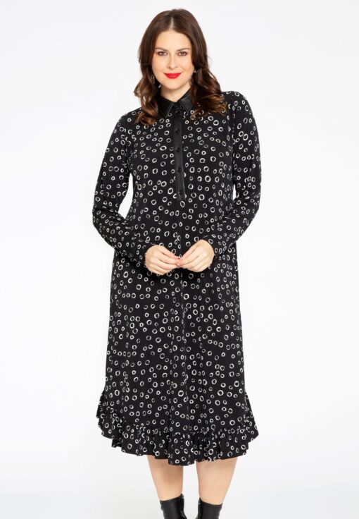 Yoek Blouse-jurk ruches CIRCLES | Zwart | Maat 54/56