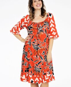 Yoek Jurk wijde hals MIX PRINT | Rood | Maat 58/60