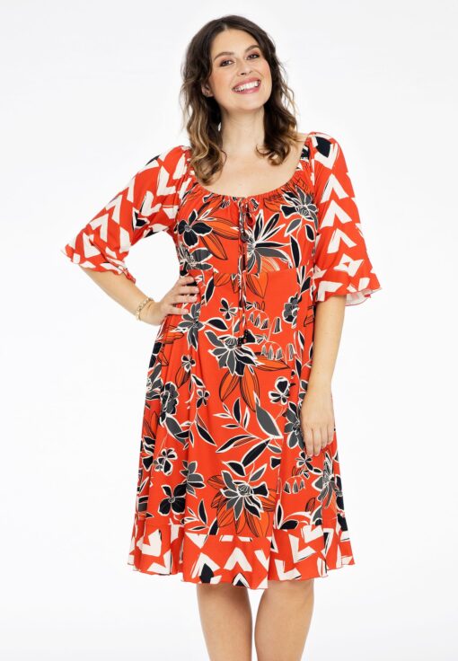 Yoek Jurk wijde hals MIX PRINT | Rood | Maat 58/60