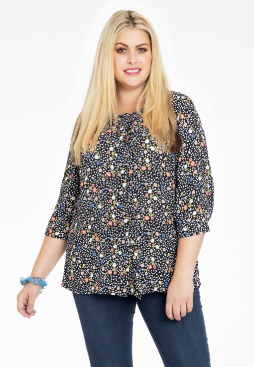 Yoek Blouse FLOWER RAIN | Zwart | Maat 46/48