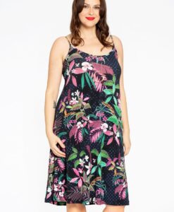 Yoek Spagehtti jurk TROPIC DOTS | Blauw | Maat 54/56