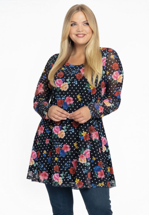 Yoek Tuniek wide bottom FLOWERDOT | Zwart | Maat 42/44