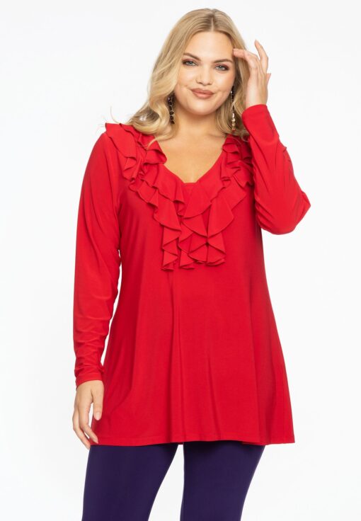 Yoek Tuniek flare met ruches | Rood | Maat 46/48