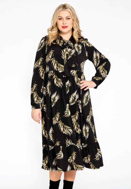 Yoek Jurk met strik PALM | Zwart | Maat 54/56