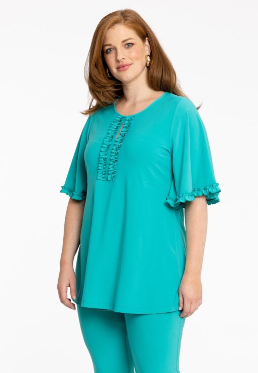 Yoek Tuniek flare met ruches | Turquoise | Maat 42/44